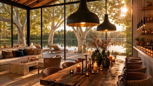Warm lakehouse dining room with hanging pendant lamps and lake view