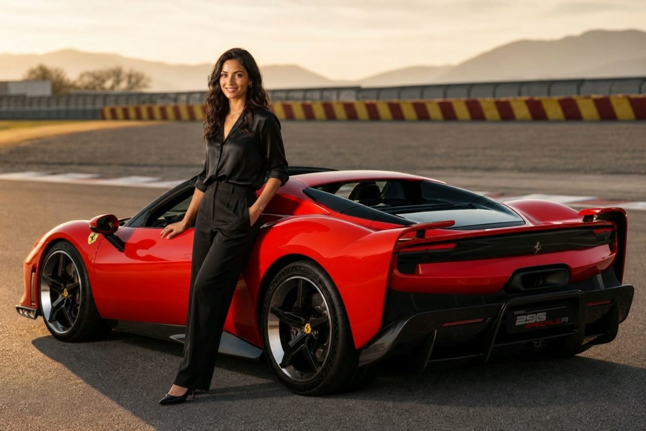 Woman opening the door of a red sports car and getting in on a race track